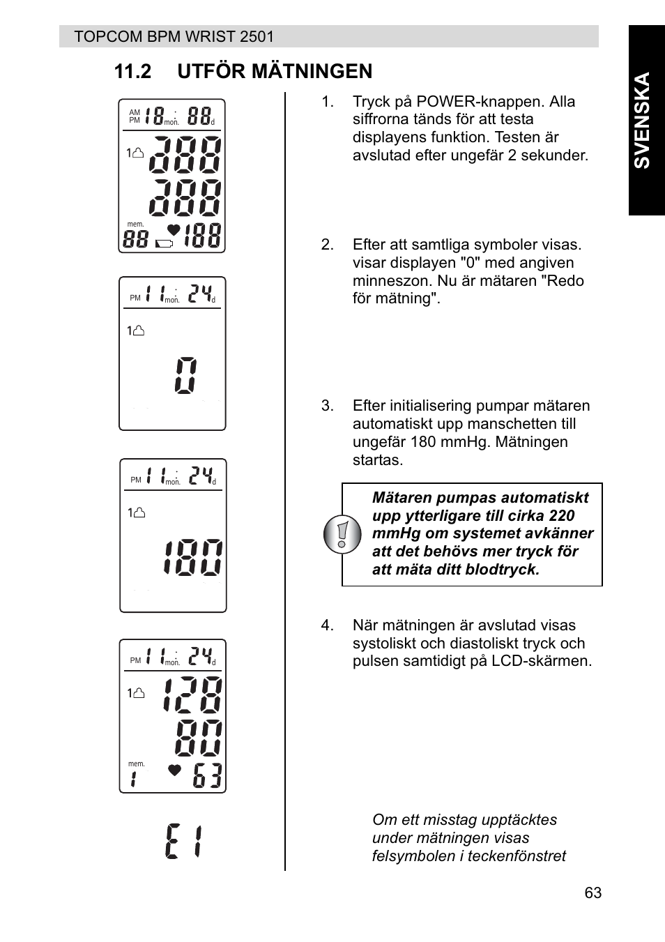Svenska 11.2 utför mätningen | Topcom BPM WRIST 2501 User Manual | Page 63 / 120