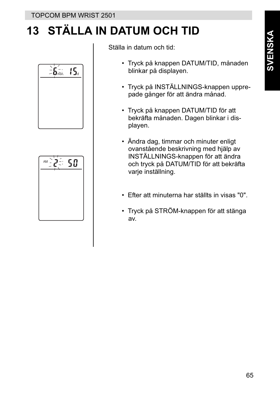 13 ställa in datum och tid, Svenska | Topcom BPM WRIST 2501 User Manual | Page 65 / 120