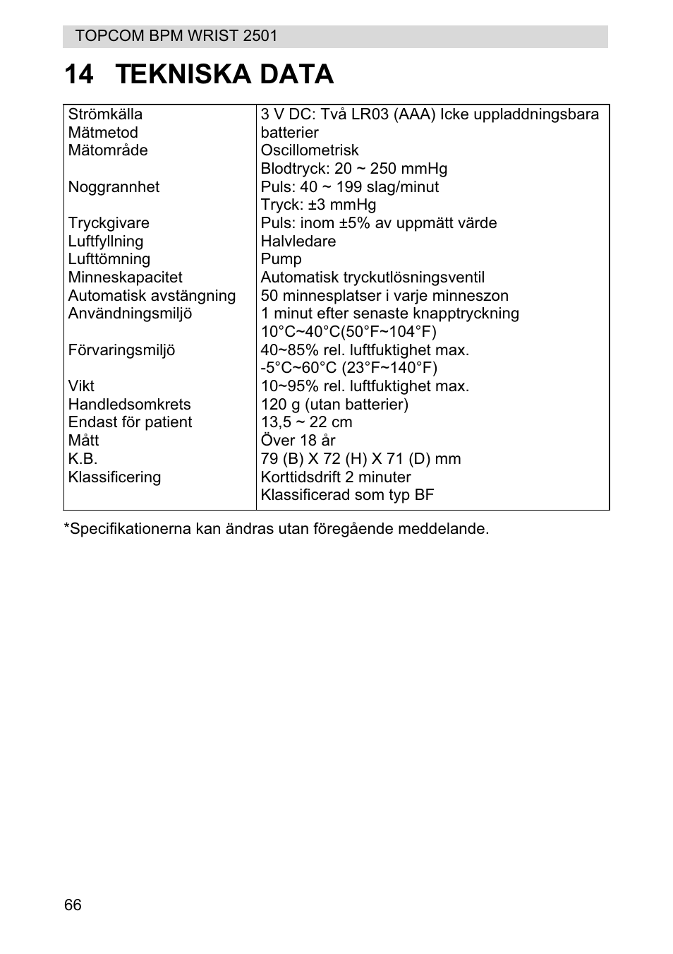 14 tekniska data | Topcom BPM WRIST 2501 User Manual | Page 66 / 120