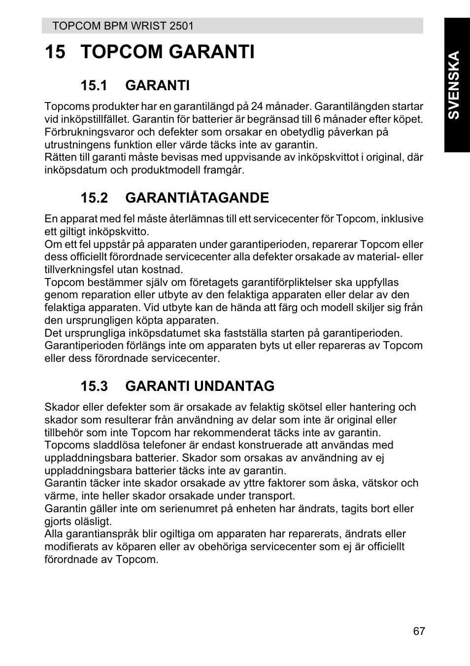 15 topcom garanti | Topcom BPM WRIST 2501 User Manual | Page 67 / 120