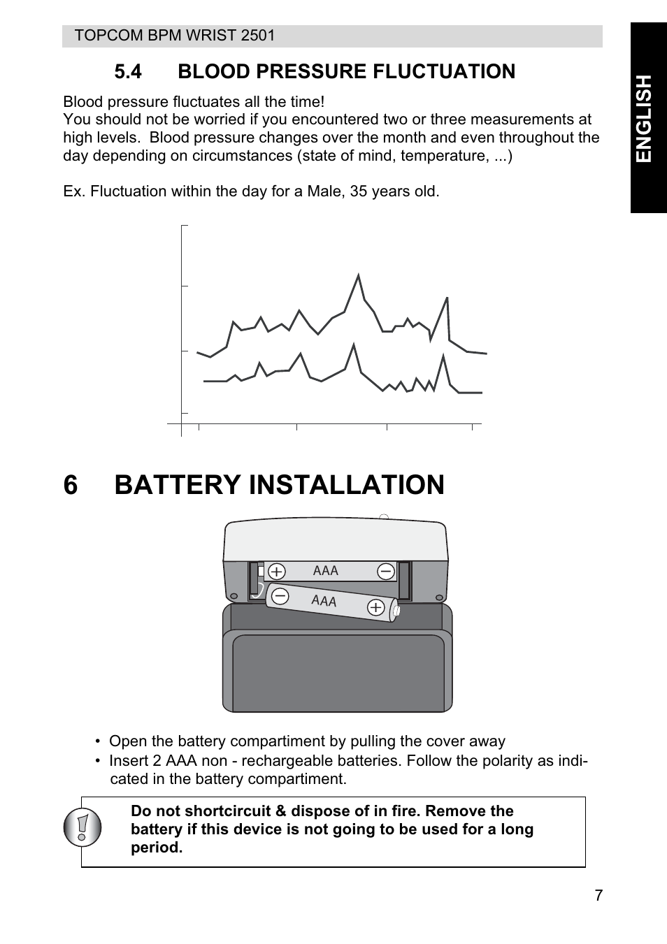 6battery installation, English 5.4 blood pressure fluctuation | Topcom BPM WRIST 2501 User Manual | Page 7 / 120
