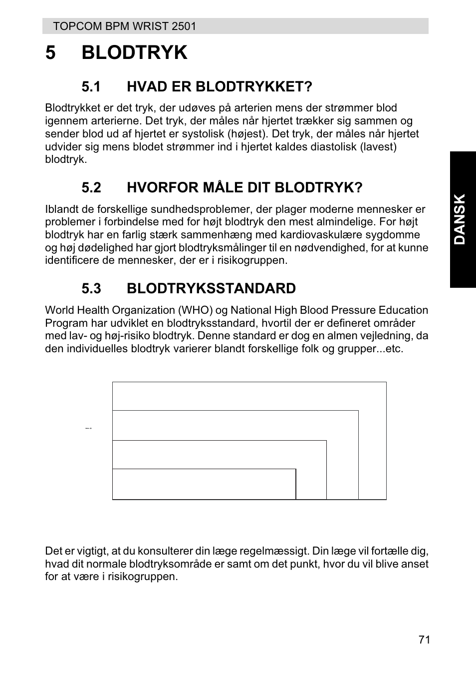5blodtryk, Stage 2 hypertension, Stage 1 hypertension | Normal, Prehypertension, Dansk, 1 hvad er blodtrykket, 2 hvorfor måle dit blodtryk, 3 blodtryksstandard | Topcom BPM WRIST 2501 User Manual | Page 71 / 120