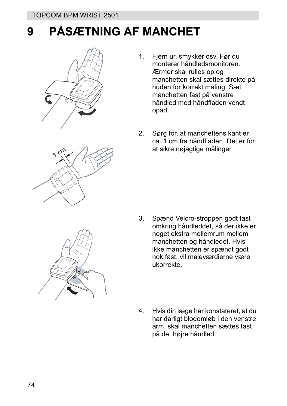 9påsætning af manchet | Topcom BPM WRIST 2501 User Manual | Page 74 / 120