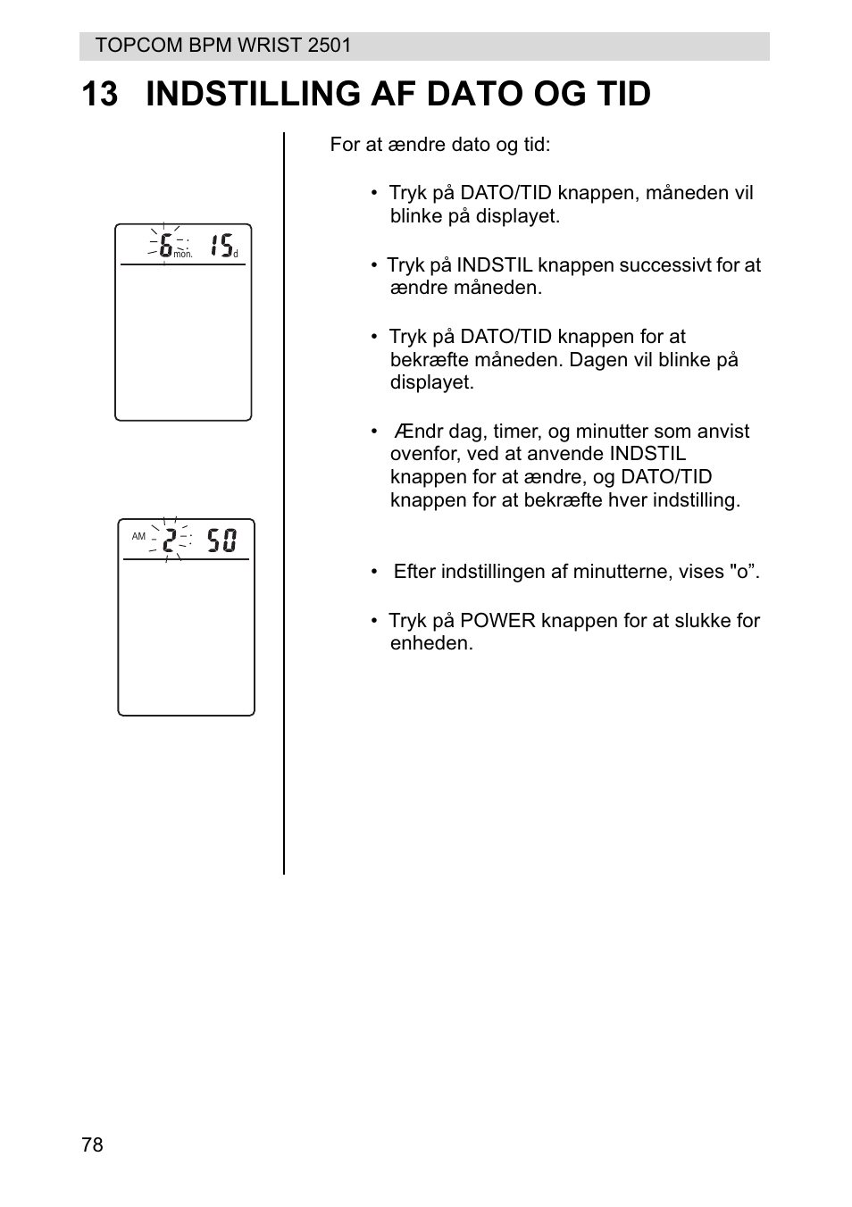 13 indstilling af dato og tid | Topcom BPM WRIST 2501 User Manual | Page 78 / 120