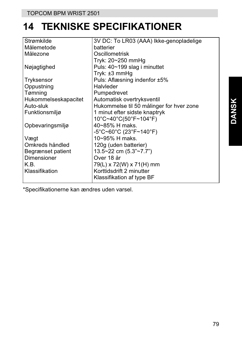 14 tekniske specifikationer, Dansk | Topcom BPM WRIST 2501 User Manual | Page 79 / 120