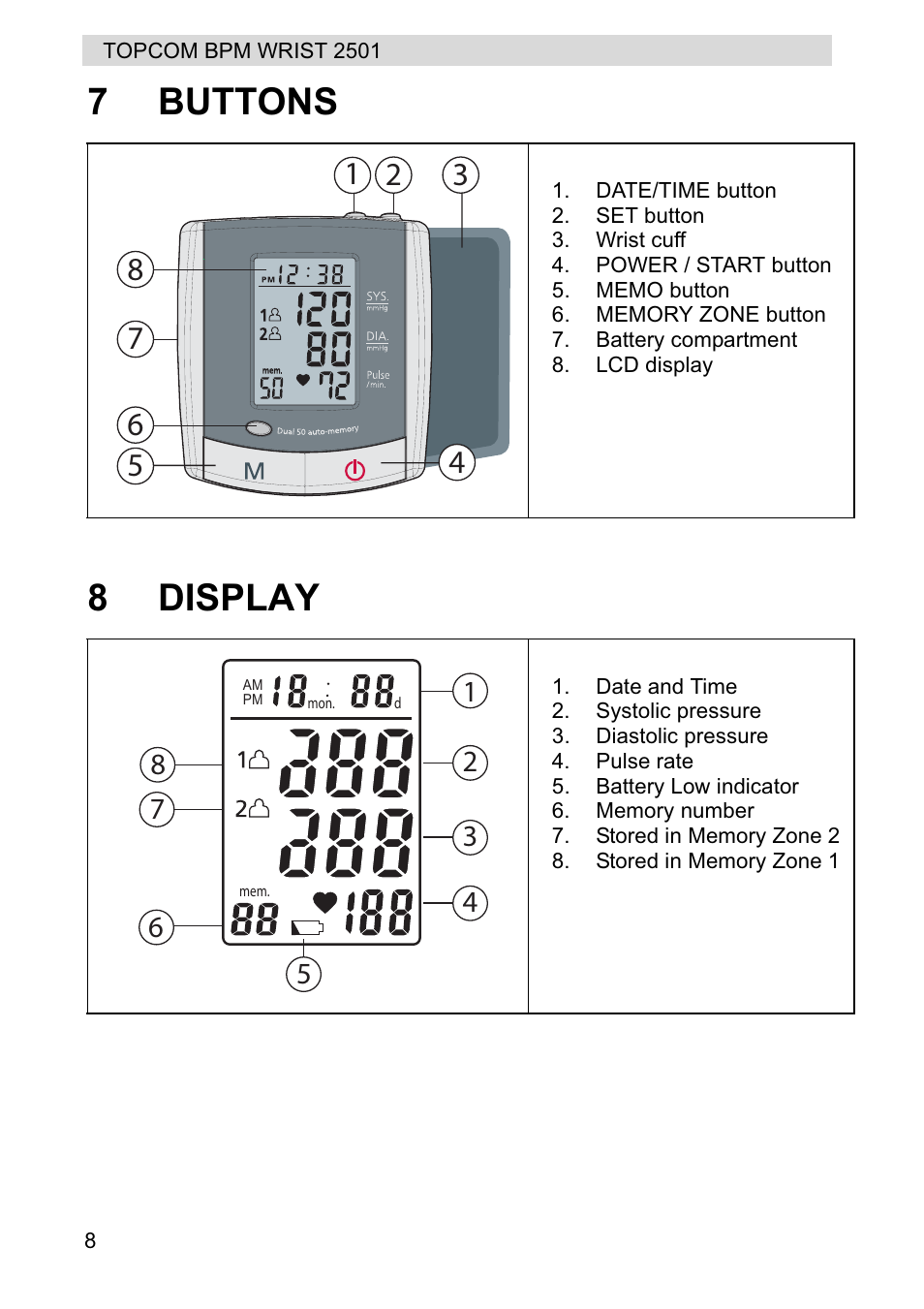 7buttons 8 display | Topcom BPM WRIST 2501 User Manual | Page 8 / 120