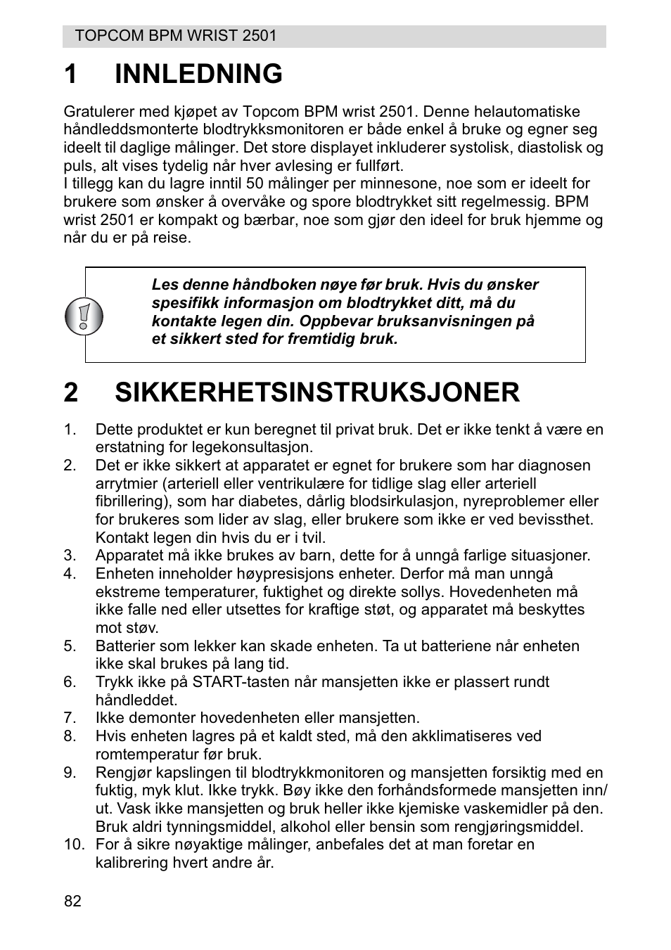 1innledning, 2sikkerhetsinstruksjoner | Topcom BPM WRIST 2501 User Manual | Page 82 / 120