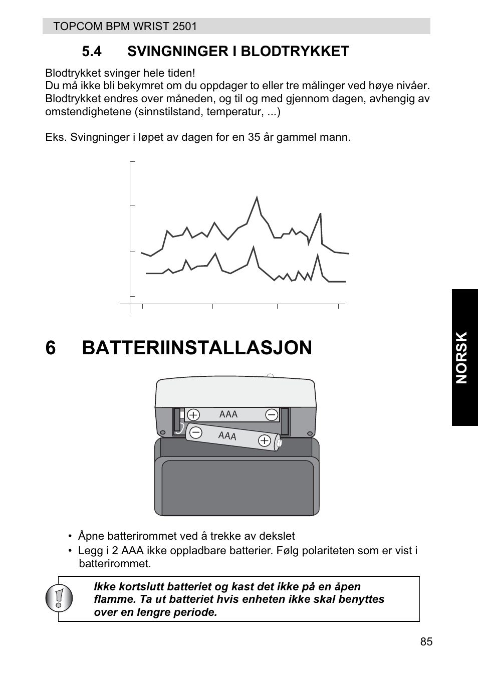 6batteriinstallasjon, Norsk 5.4 svingninger i blodtrykket | Topcom BPM WRIST 2501 User Manual | Page 85 / 120
