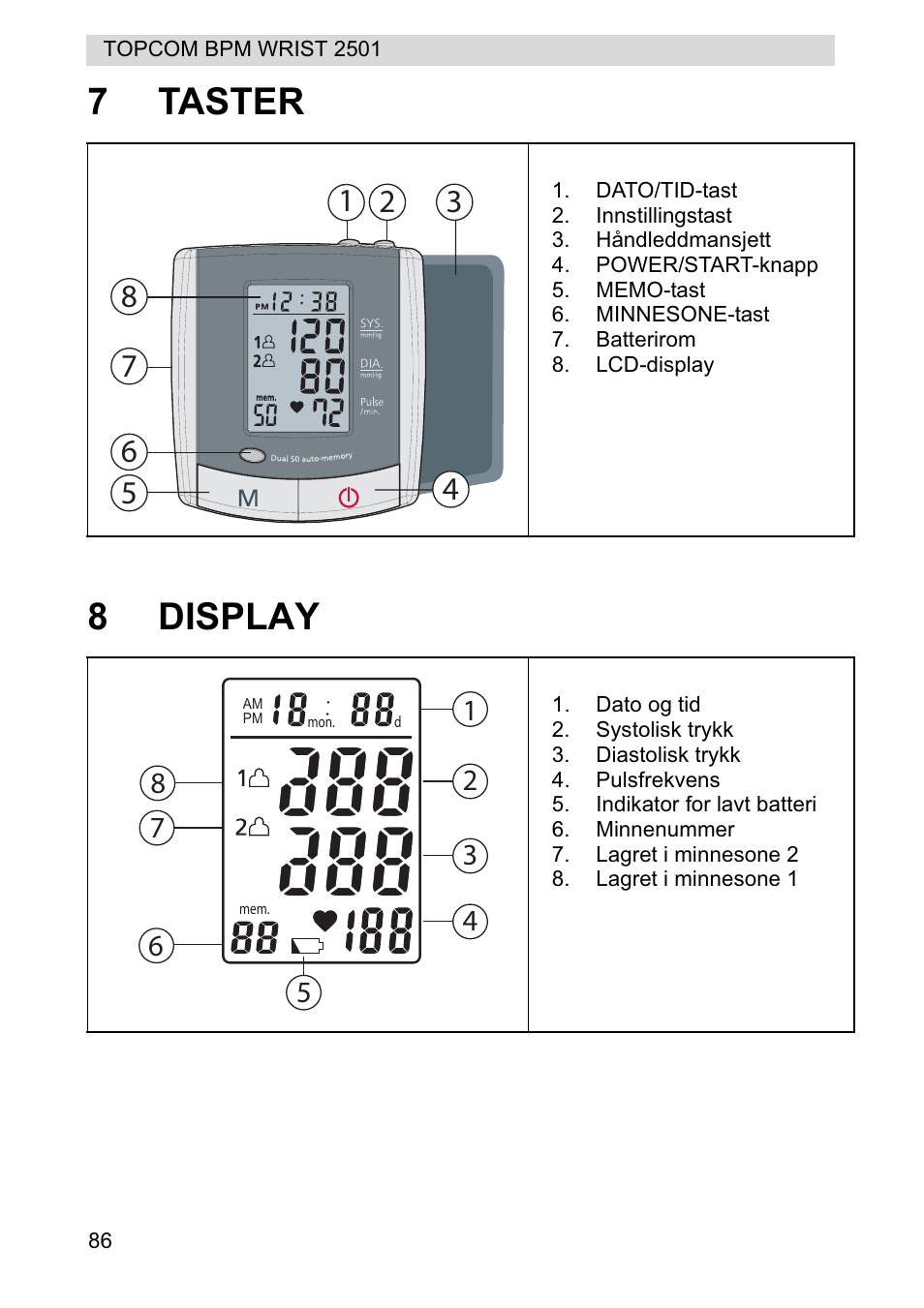 7taster 8 display | Topcom BPM WRIST 2501 User Manual | Page 86 / 120