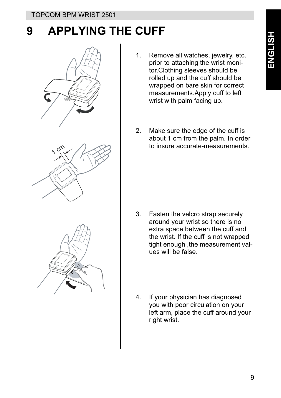 9applying the cuff | Topcom BPM WRIST 2501 User Manual | Page 9 / 120