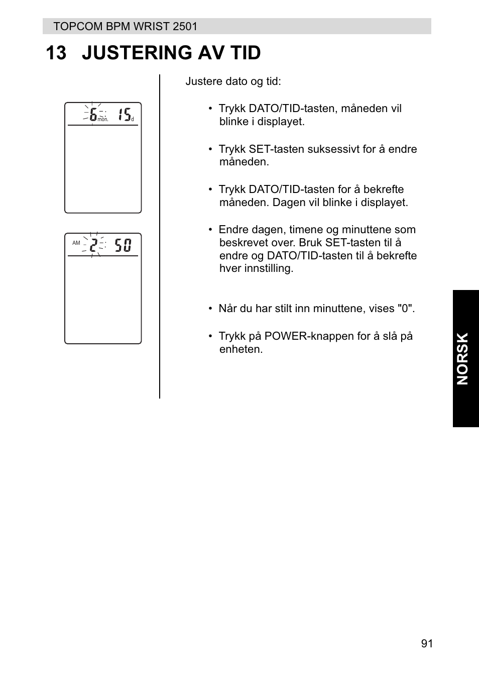 13 justering av tid, Norsk | Topcom BPM WRIST 2501 User Manual | Page 91 / 120