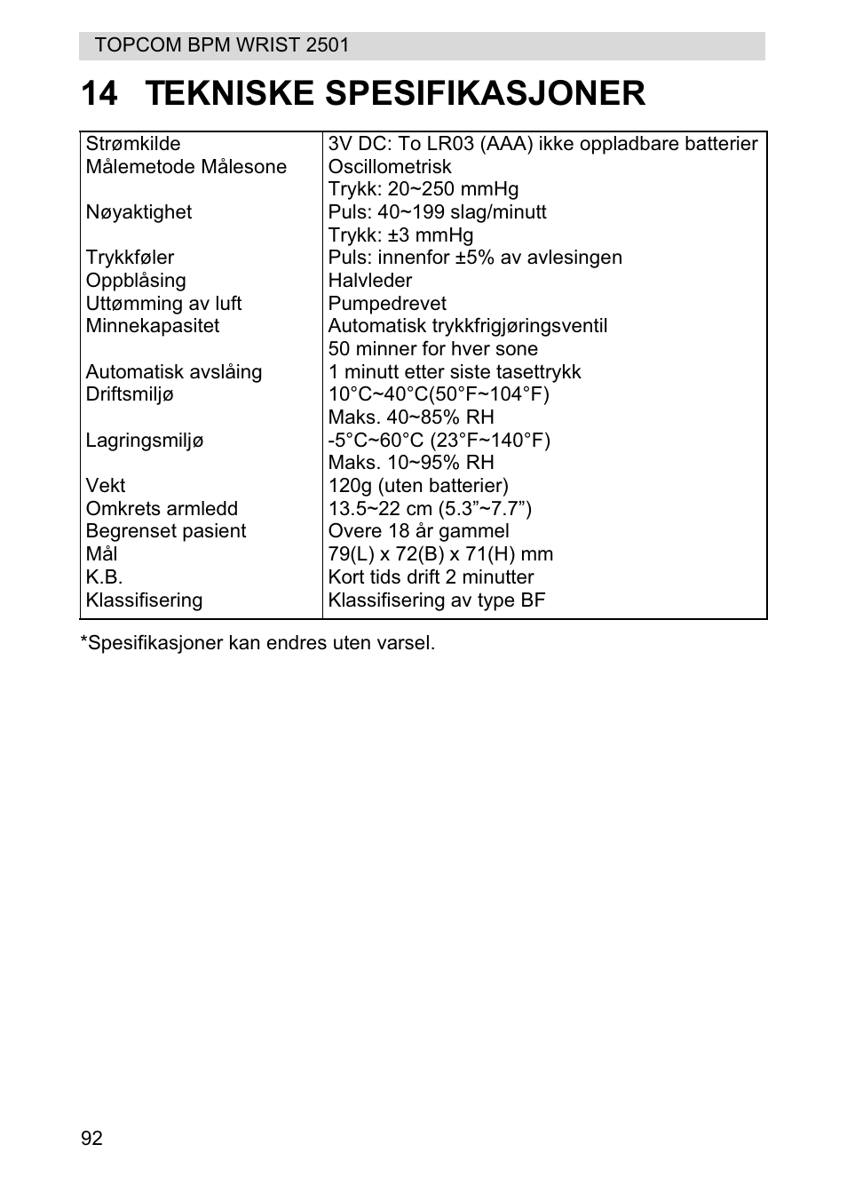 14 tekniske spesifikasjoner | Topcom BPM WRIST 2501 User Manual | Page 92 / 120
