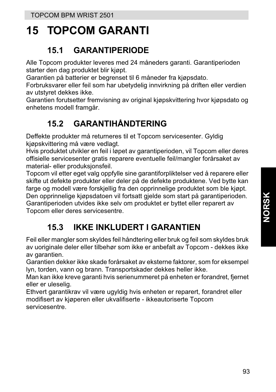 15 topcom garanti | Topcom BPM WRIST 2501 User Manual | Page 93 / 120