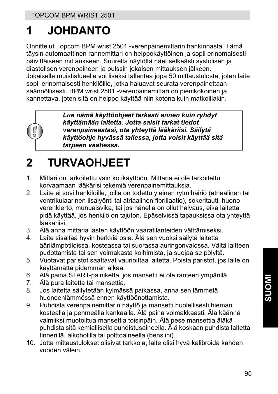 1johdanto, 2turvaohjeet, Suomi | Topcom BPM WRIST 2501 User Manual | Page 95 / 120
