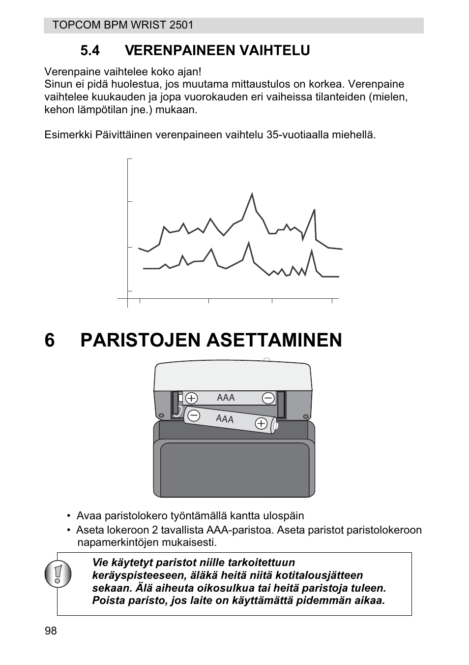 6paristojen asettaminen, 4 verenpaineen vaihtelu | Topcom BPM WRIST 2501 User Manual | Page 98 / 120