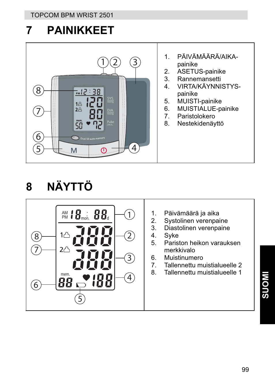7painikkeet 8 näyttö | Topcom BPM WRIST 2501 User Manual | Page 99 / 120