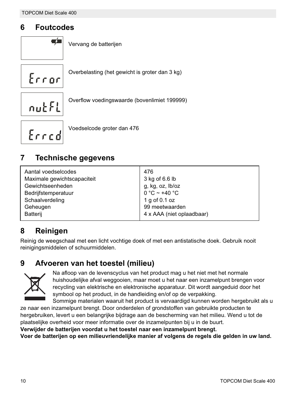 6foutcodes, 7technische gegevens 8 reinigen, 9afvoeren van het toestel (milieu) | Topcom 400 User Manual | Page 10 / 88