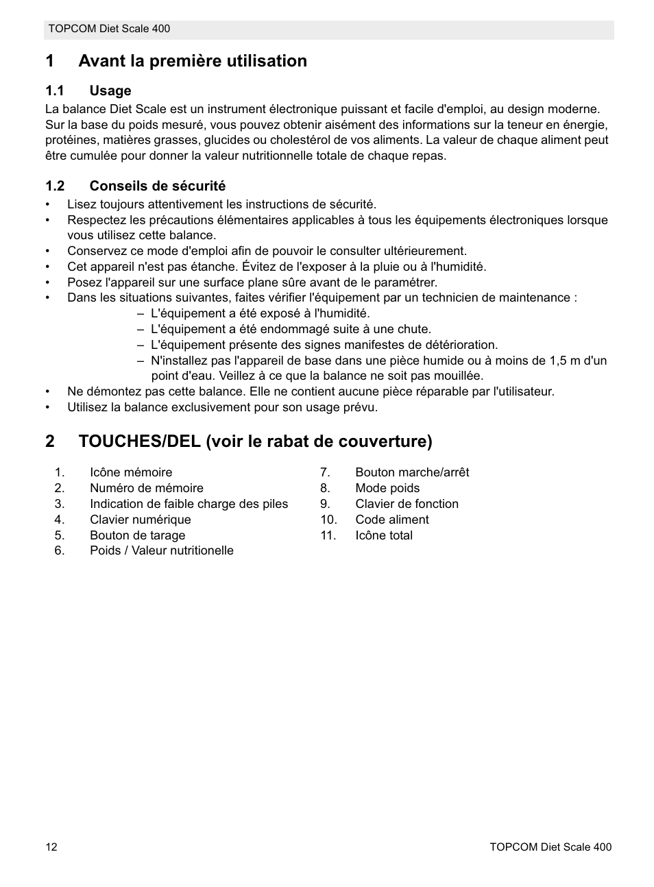 1avant la première utilisation, 2touches/del (voir le rabat de couverture) | Topcom 400 User Manual | Page 12 / 88