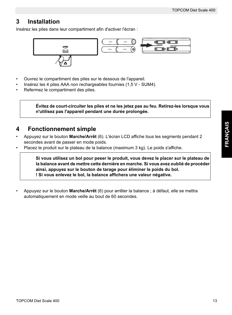 3installation, 4fonctionnement simple | Topcom 400 User Manual | Page 13 / 88