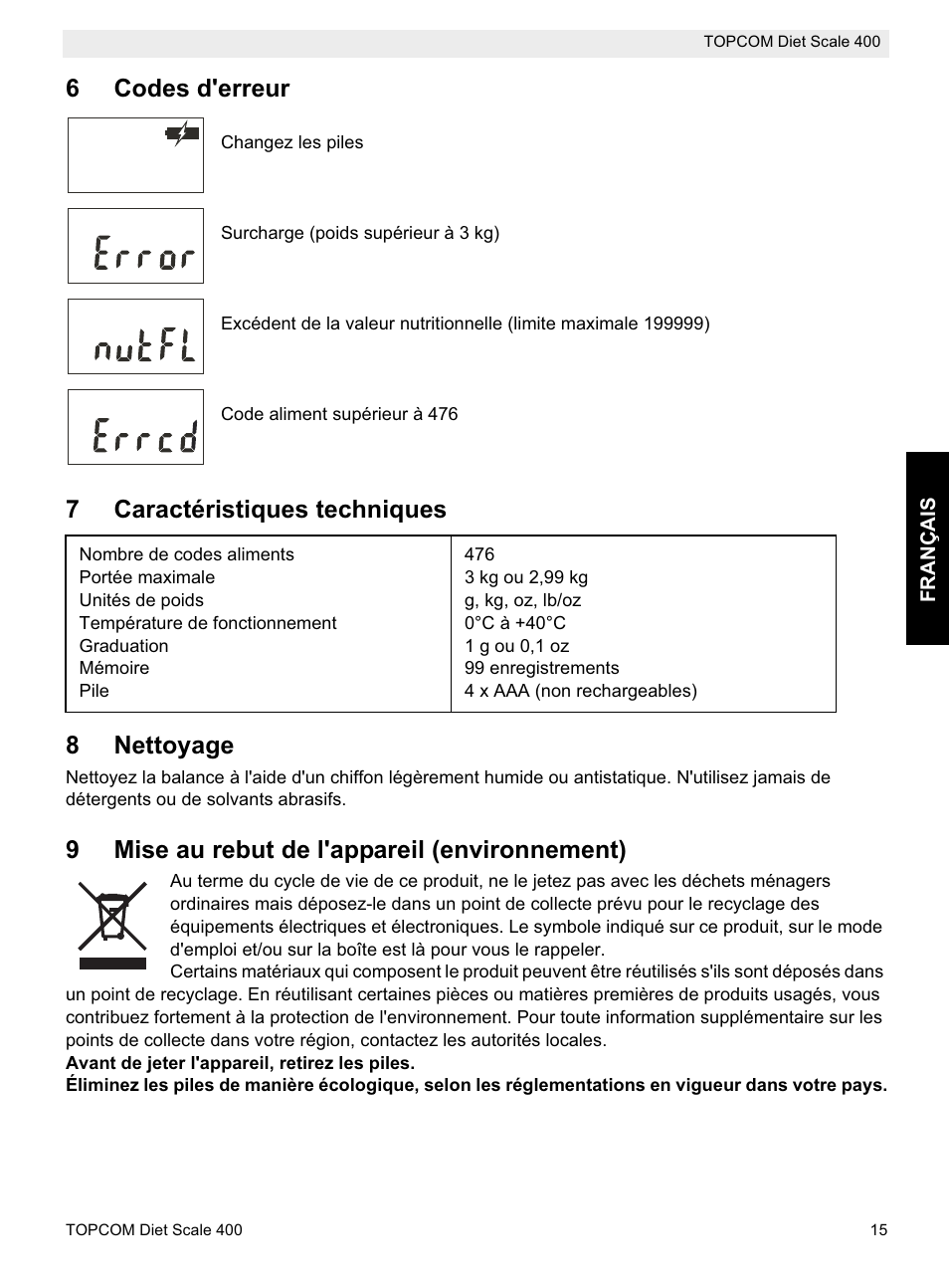 6codes d'erreur, 7caractéristiques techniques 8 nettoyage, 9mise au rebut de l'appareil (environnement) | Topcom 400 User Manual | Page 15 / 88