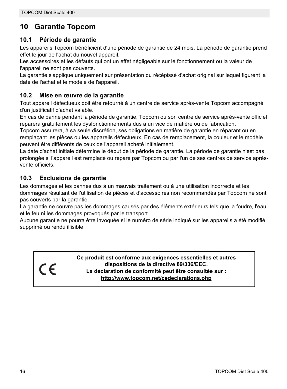 10 garantie topcom | Topcom 400 User Manual | Page 16 / 88