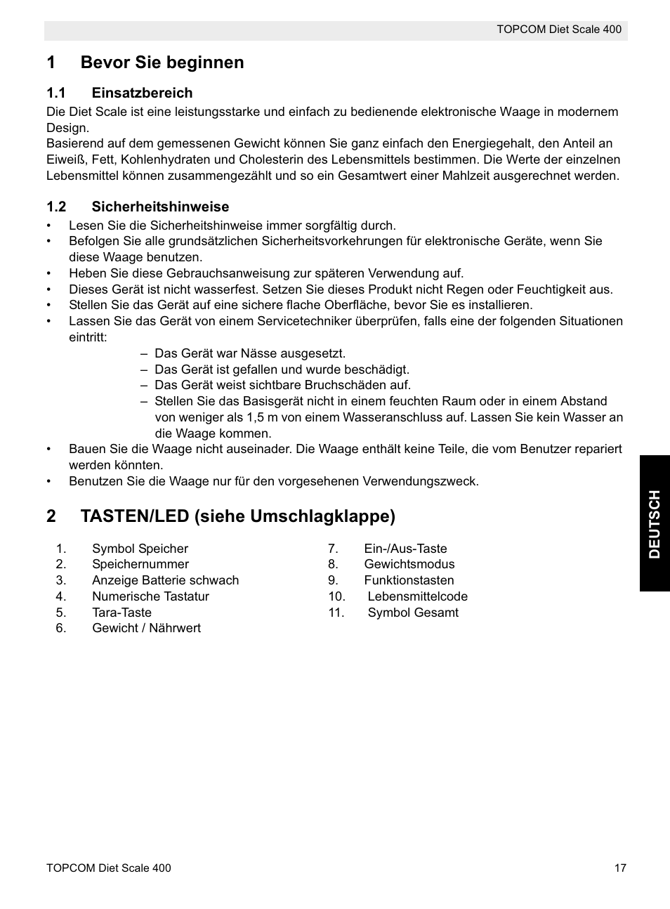 1bevor sie beginnen, 2tasten/led (siehe umschlagklappe) | Topcom 400 User Manual | Page 17 / 88