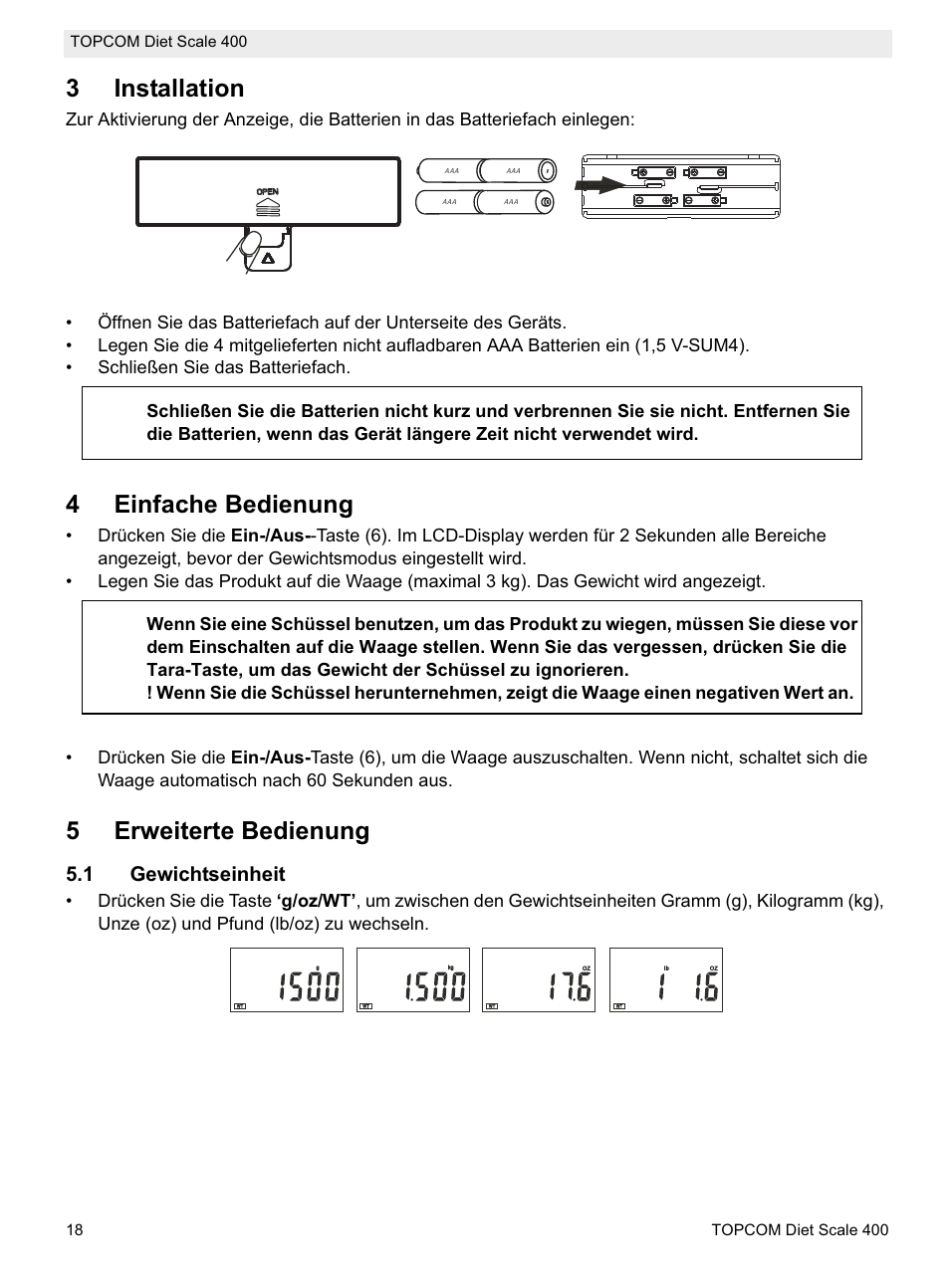 3installation, 4einfache bedienung, 5erweiterte bedienung | 1 gewichtseinheit | Topcom 400 User Manual | Page 18 / 88