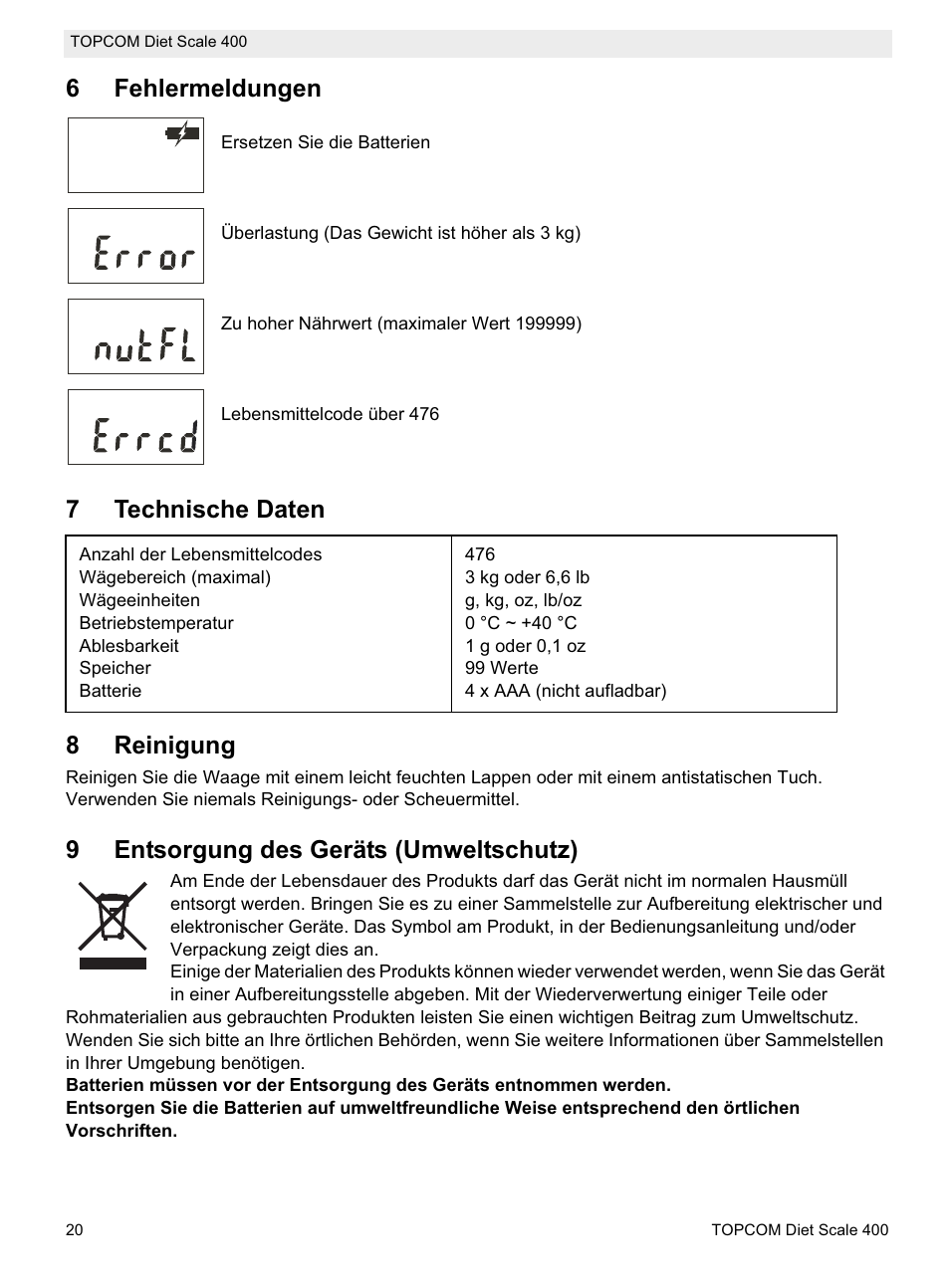 6fehlermeldungen, 7technische daten 8 reinigung, 9entsorgung des geräts (umweltschutz) | Topcom 400 User Manual | Page 20 / 88