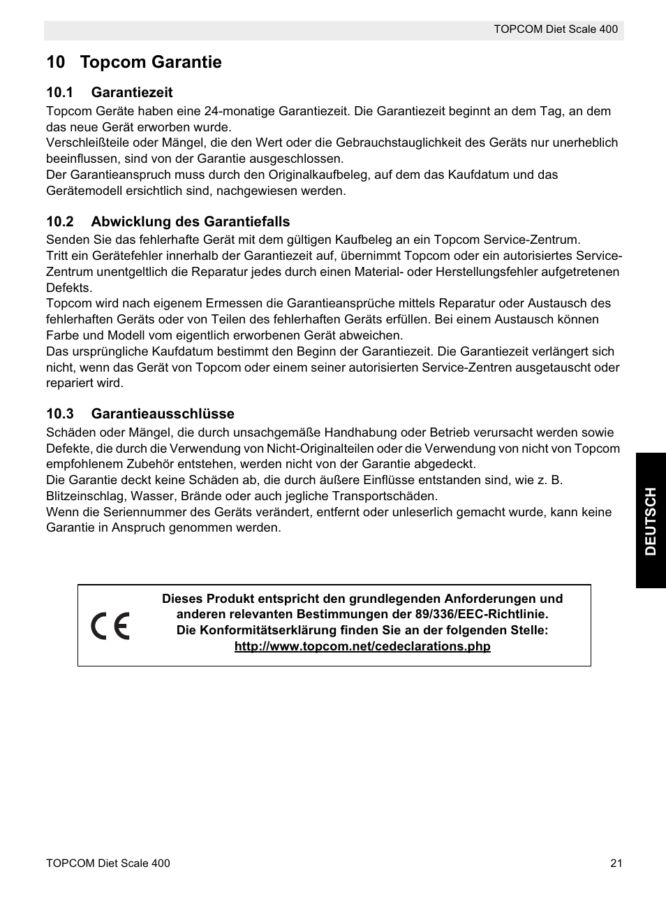 10 topcom garantie | Topcom 400 User Manual | Page 21 / 88