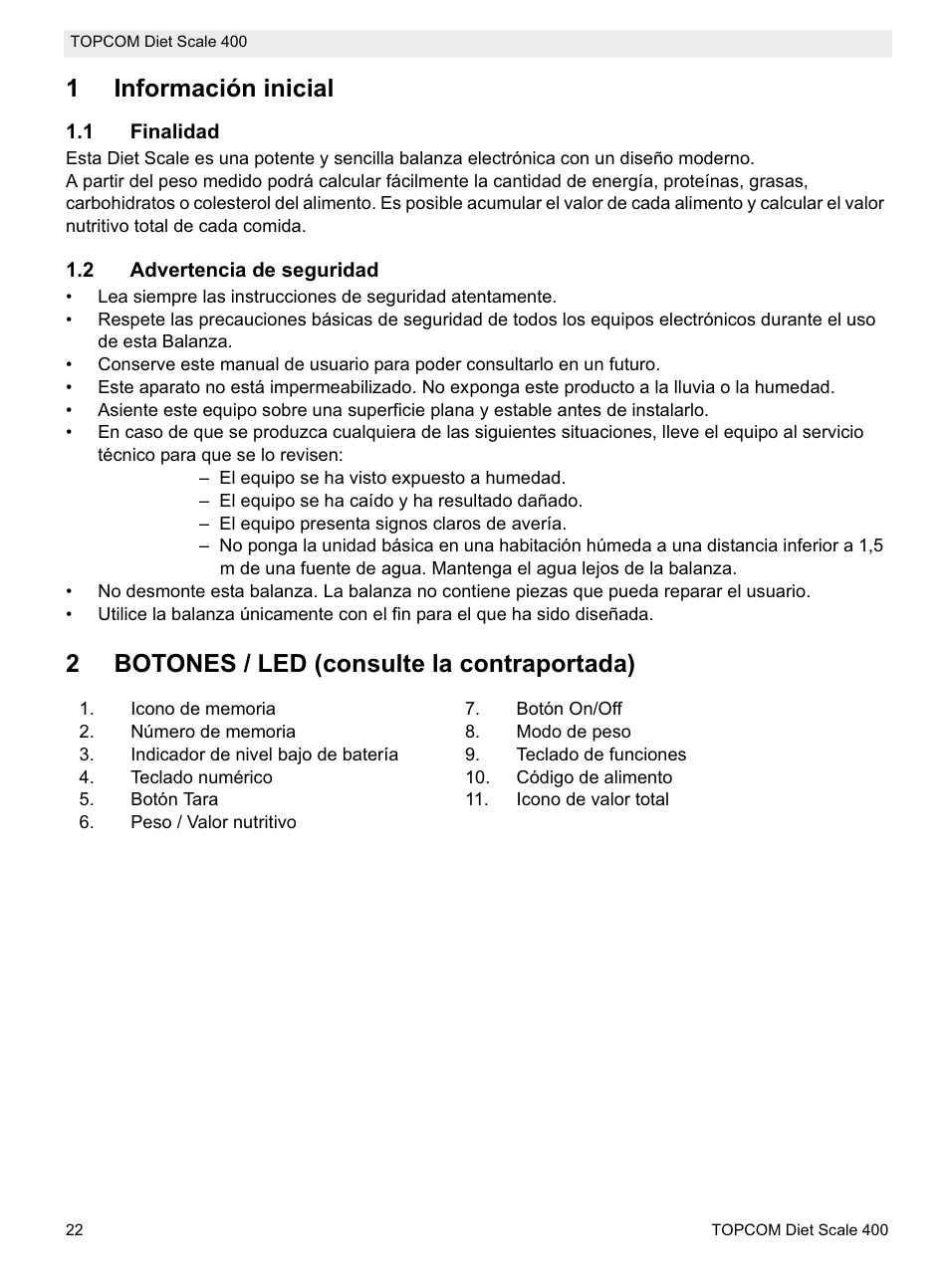 1información inicial, 2botones / led (consulte la contraportada) | Topcom 400 User Manual | Page 22 / 88