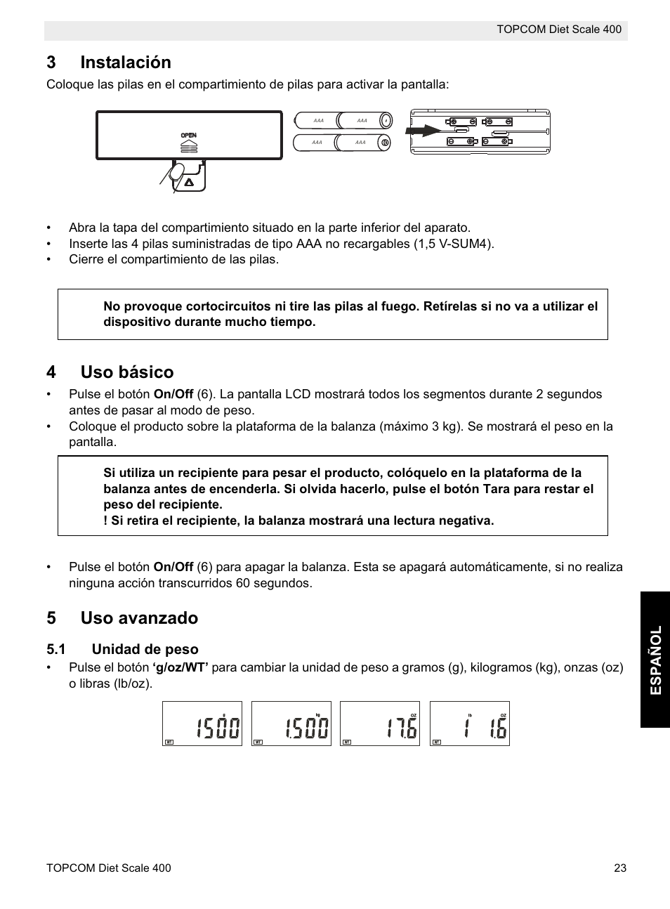 3instalación, 4uso básico, 5uso avanzado | Español, 1 unidad de peso | Topcom 400 User Manual | Page 23 / 88