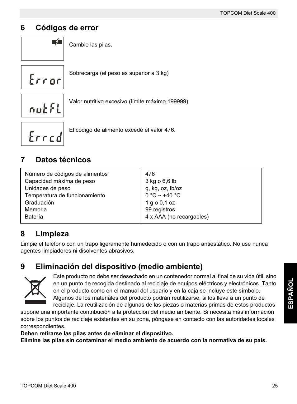 6códigos de error, 7datos técnicos 8 limpieza, 9eliminación del dispositivo (medio ambiente) | Topcom 400 User Manual | Page 25 / 88