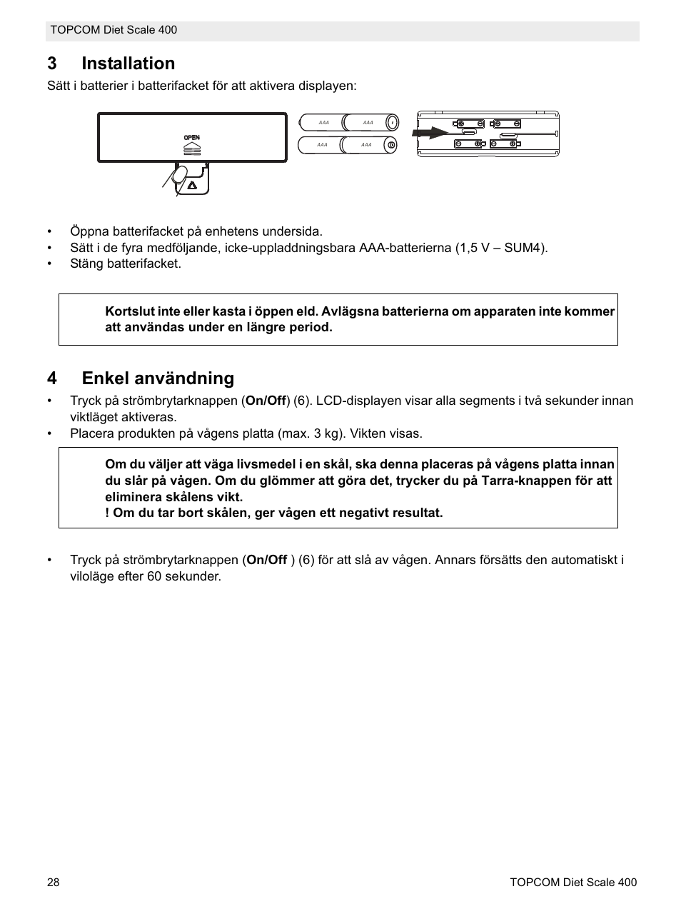 3installation, 4enkel användning | Topcom 400 User Manual | Page 28 / 88