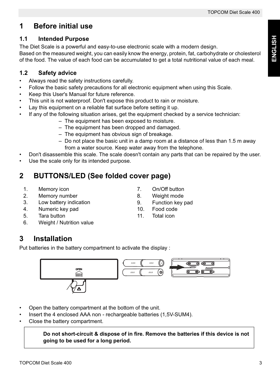 1before initial use | Topcom 400 User Manual | Page 3 / 88