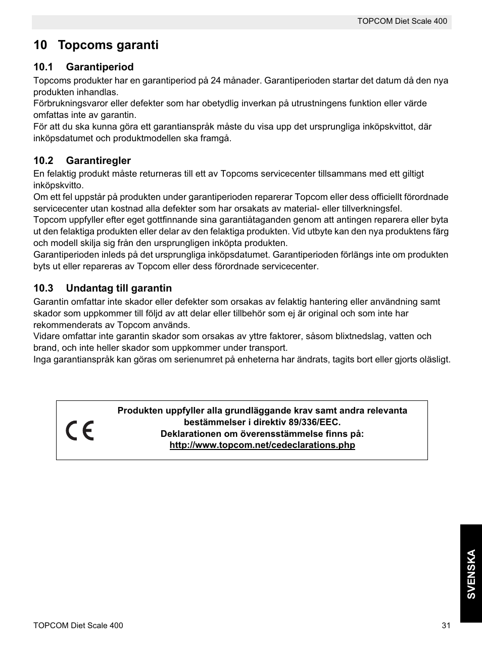 10 topcoms garanti | Topcom 400 User Manual | Page 31 / 88