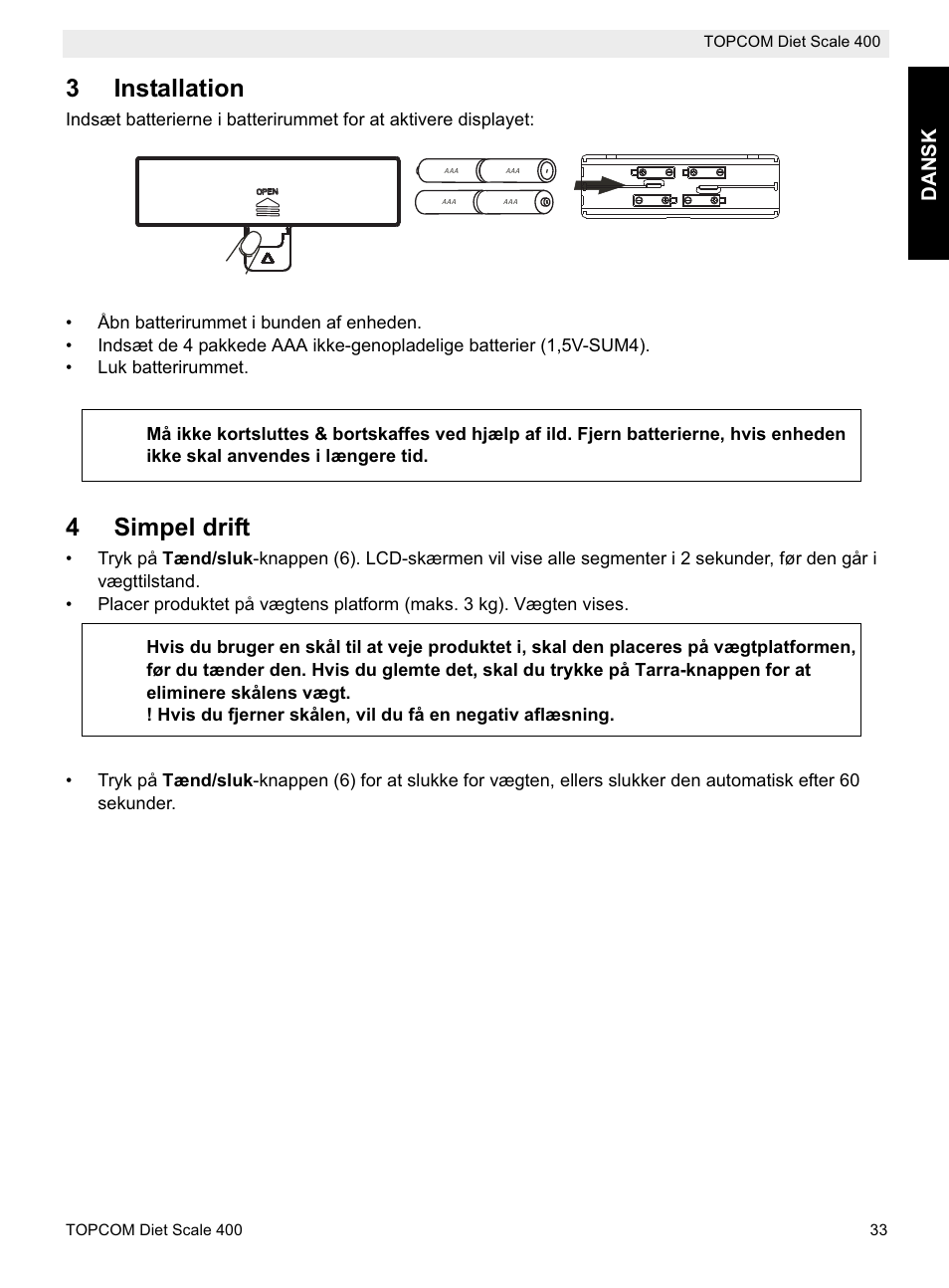 3installation, 4simpel drift | Topcom 400 User Manual | Page 33 / 88