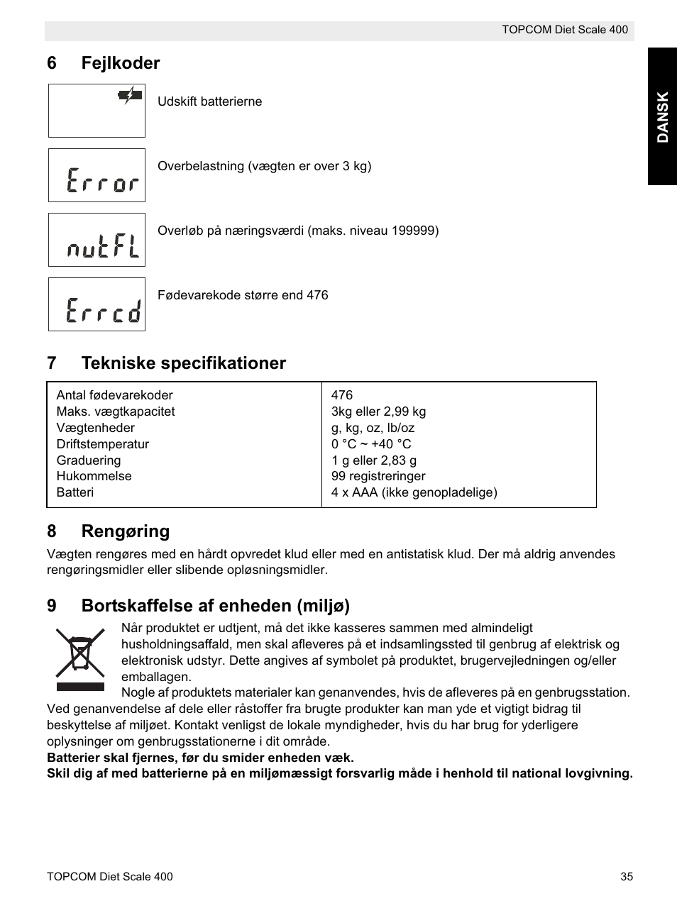 6fejlkoder, 7tekniske specifikationer 8 rengøring, 9bortskaffelse af enheden (miljø) | Topcom 400 User Manual | Page 35 / 88