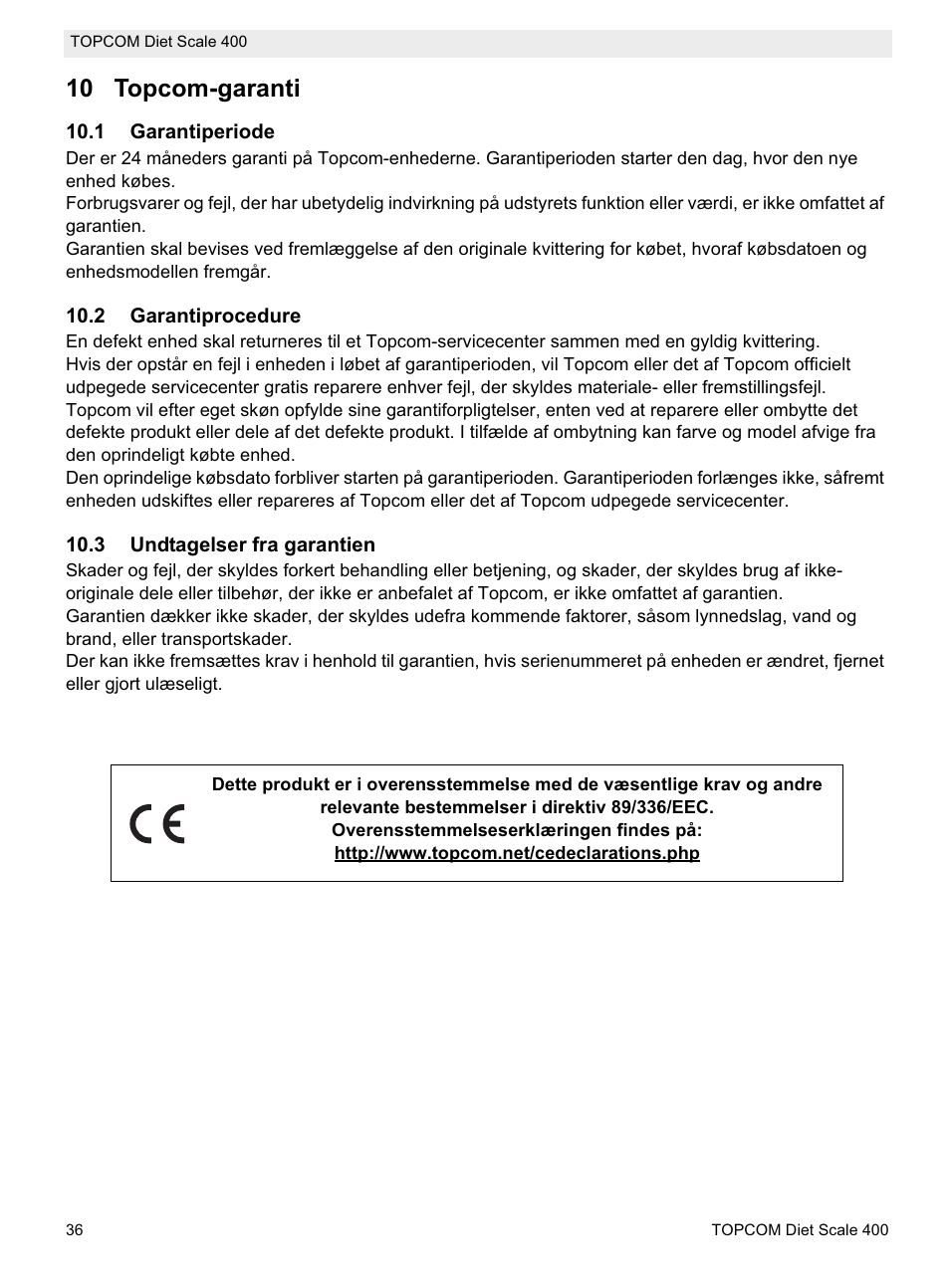 10 topcom-garanti | Topcom 400 User Manual | Page 36 / 88