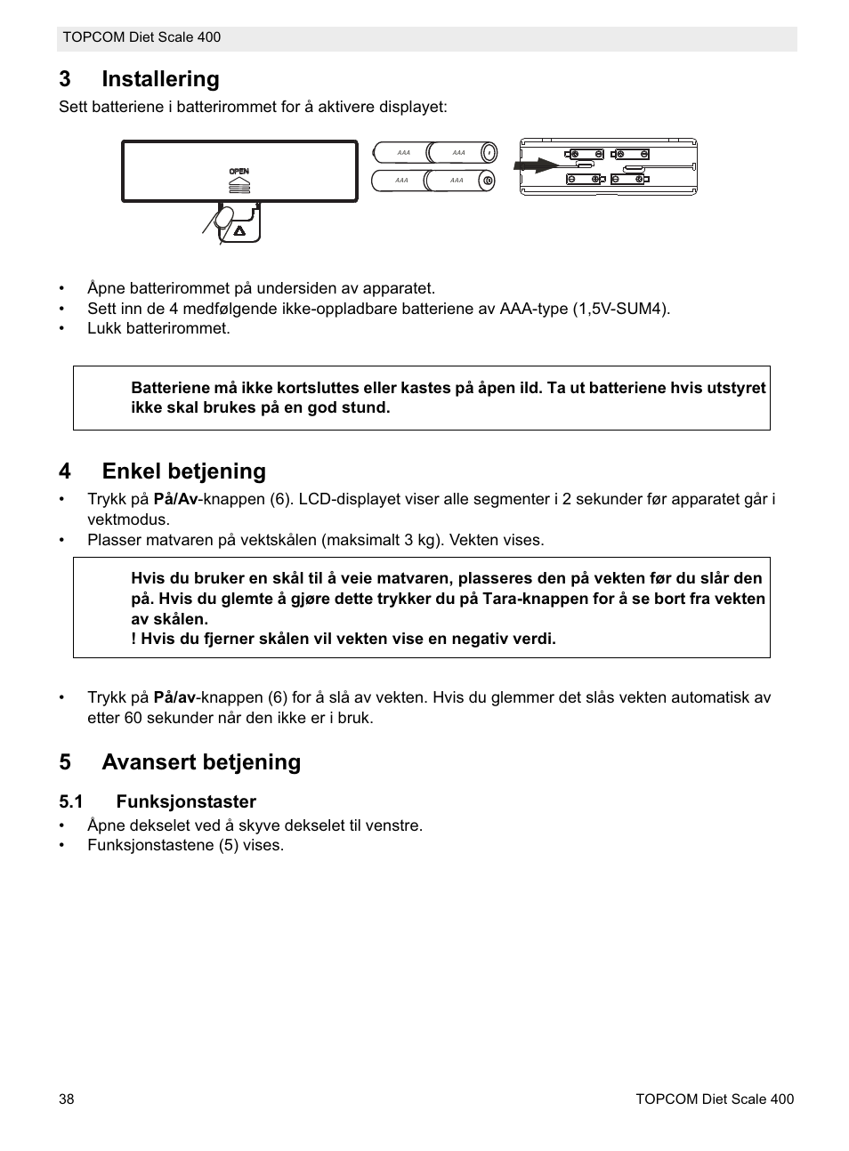 3installering, 4enkel betjening, 5avansert betjening | Topcom 400 User Manual | Page 38 / 88