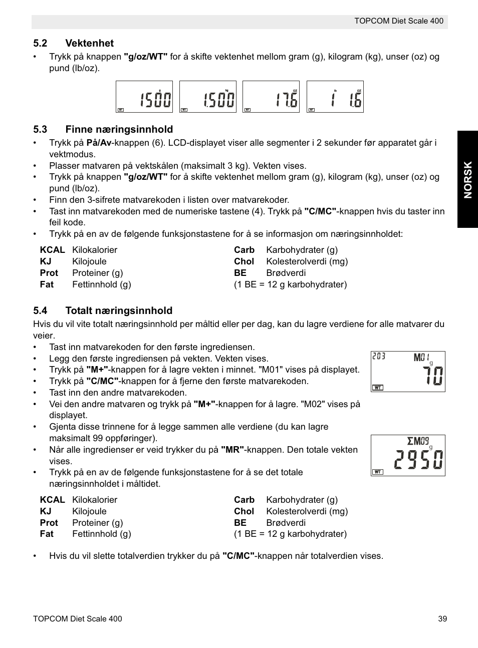 3 finne næringsinnhold, 4 totalt næringsinnhold | Topcom 400 User Manual | Page 39 / 88