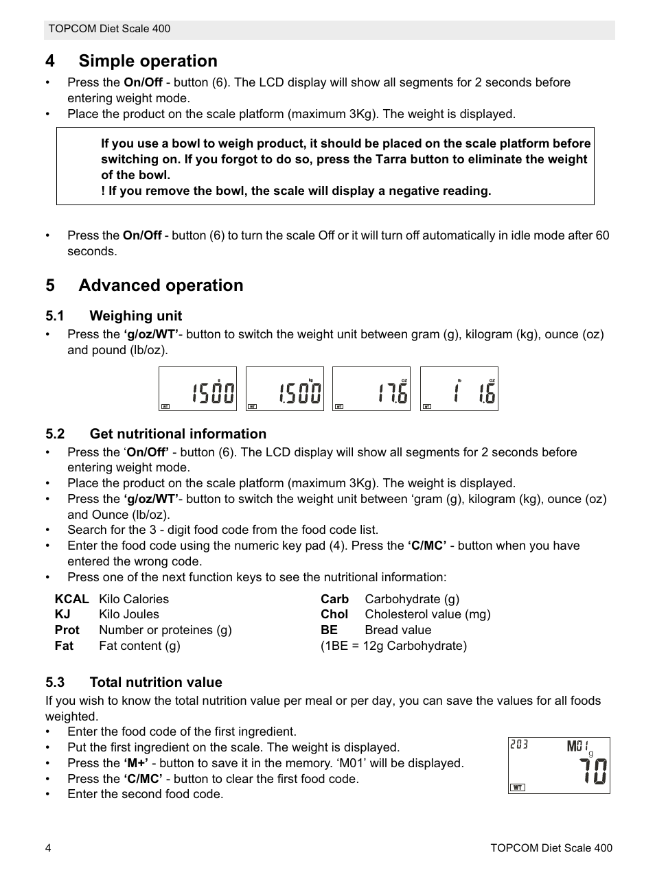 4simple operation, 5advanced operation, 1 weighing unit | 2 get nutritional information, 3 total nutrition value | Topcom 400 User Manual | Page 4 / 88