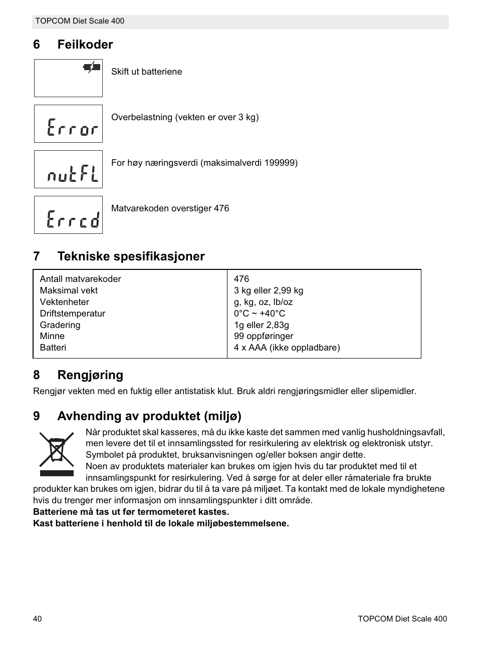 6feilkoder, 7tekniske spesifikasjoner 8 rengjøring, 9avhending av produktet (miljø) | Topcom 400 User Manual | Page 40 / 88