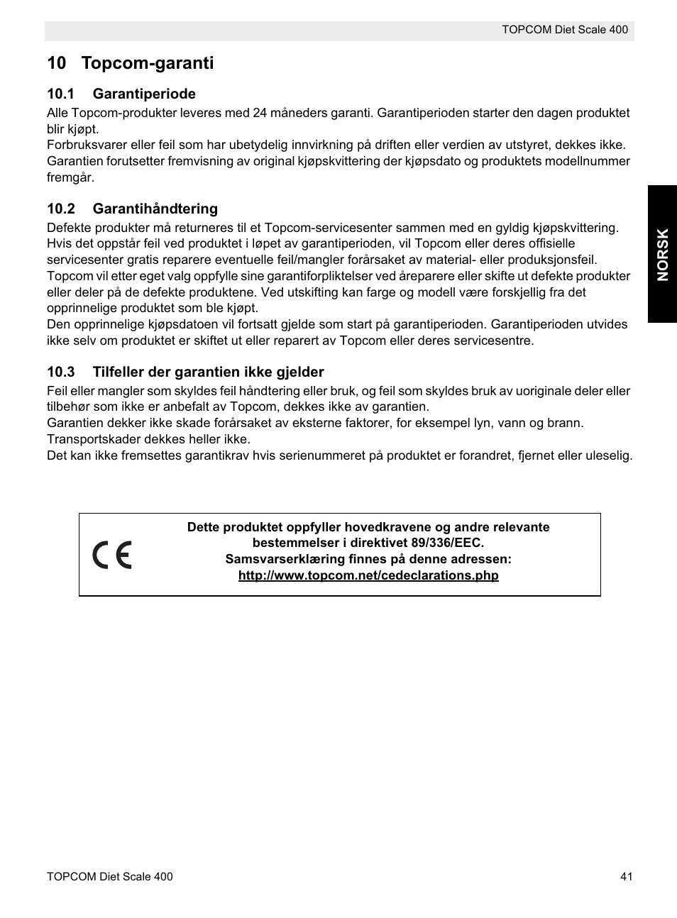 10 topcom-garanti | Topcom 400 User Manual | Page 41 / 88