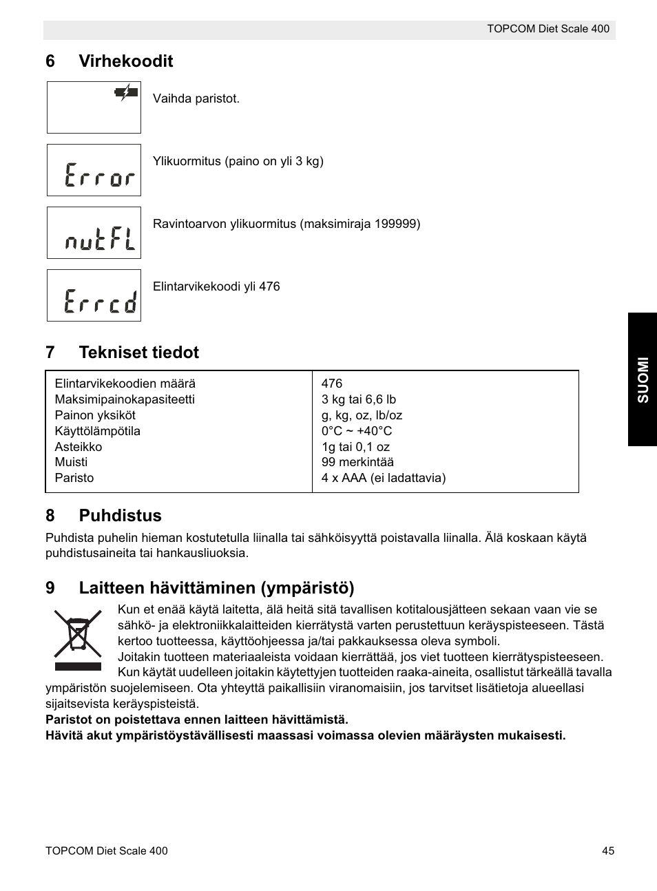 6virhekoodit, 7tekniset tiedot 8 puhdistus, 9laitteen hävittäminen (ympäristö) | Topcom 400 User Manual | Page 45 / 88