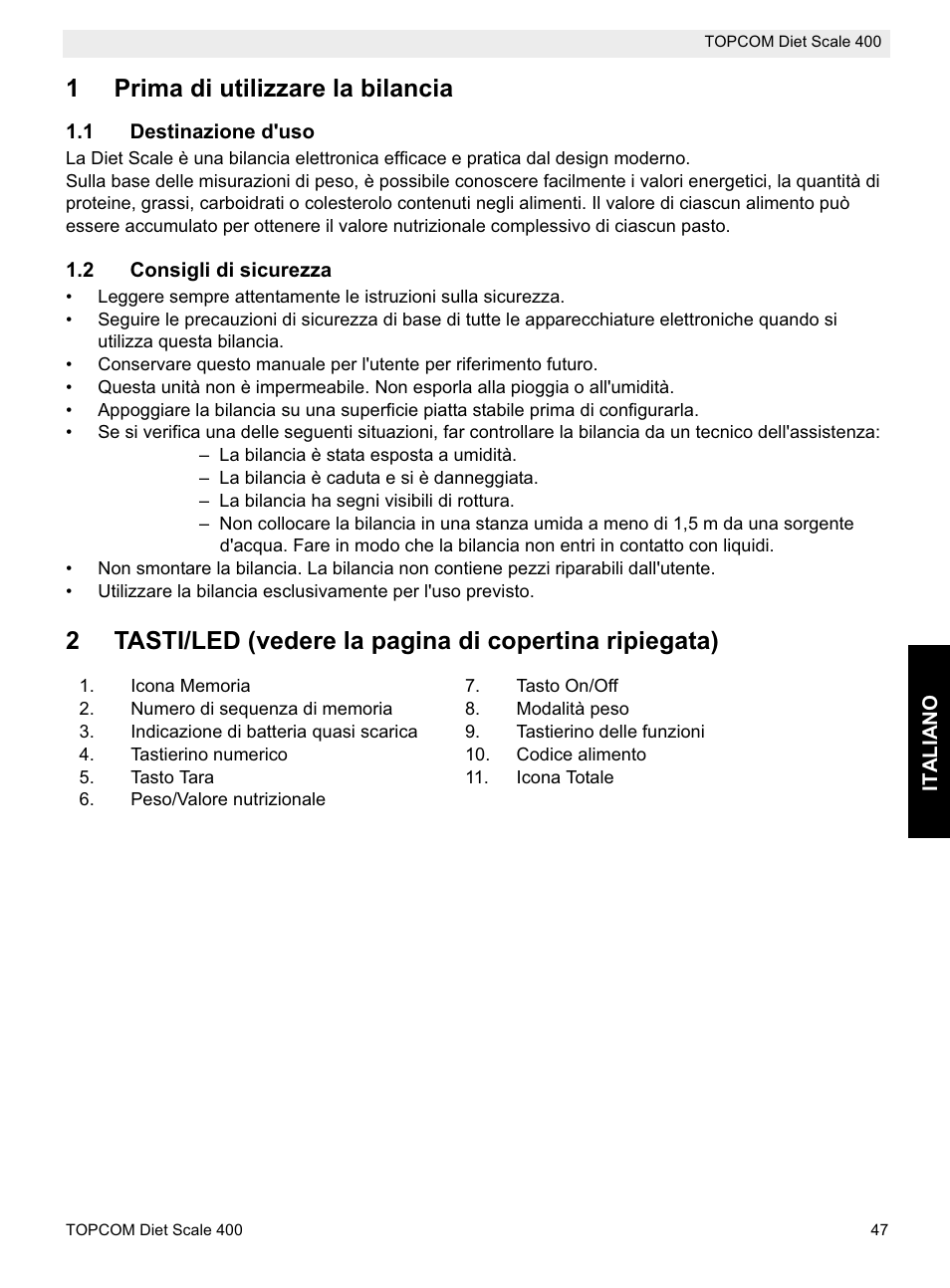 1prima di utilizzare la bilancia | Topcom 400 User Manual | Page 47 / 88