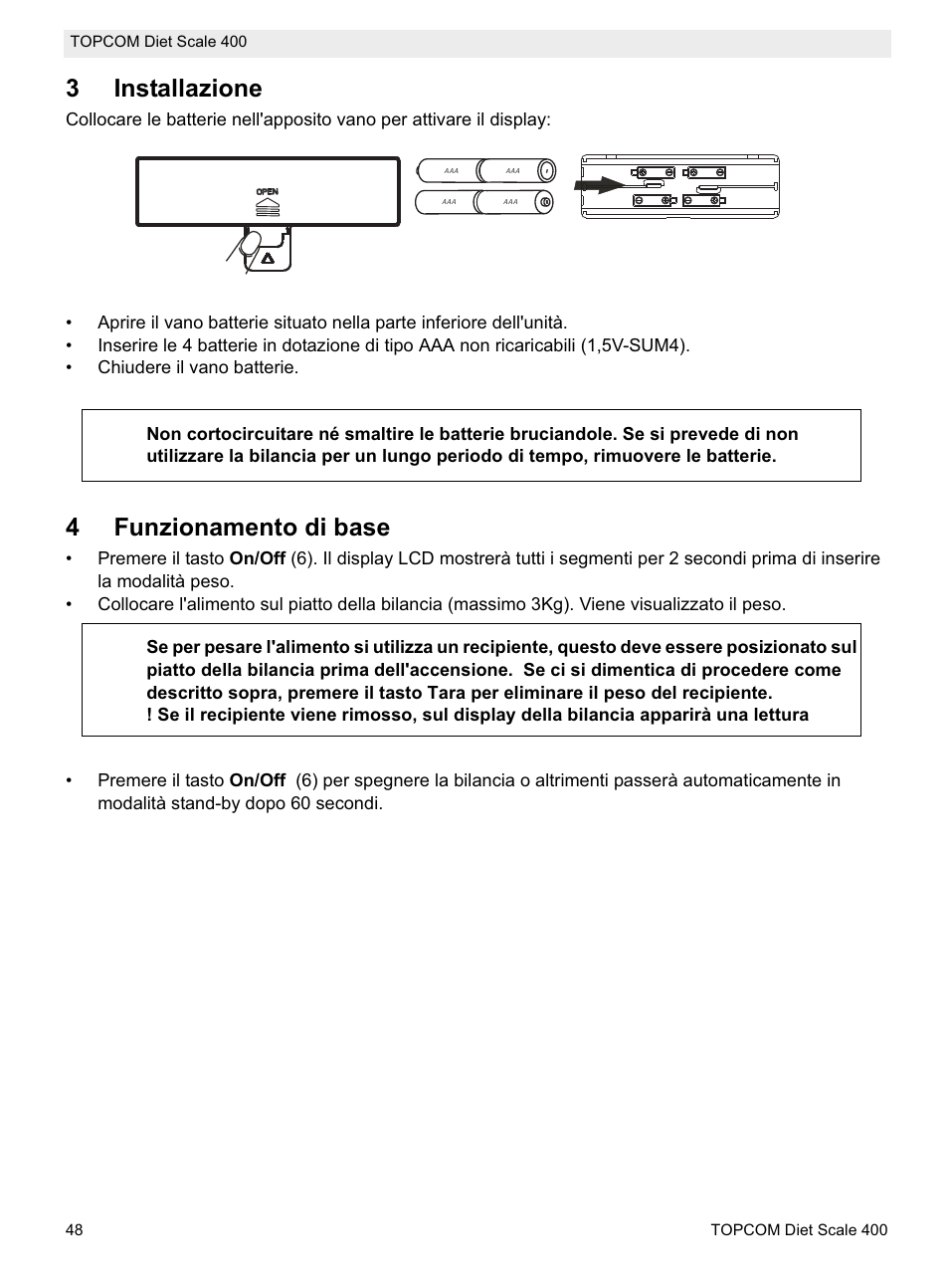 3installazione, 4funzionamento di base | Topcom 400 User Manual | Page 48 / 88