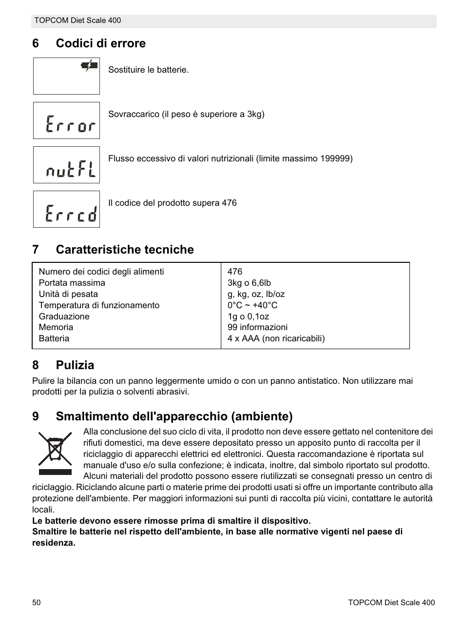 6codici di errore, 7caratteristiche tecniche 8 pulizia, 9smaltimento dell'apparecchio (ambiente) | Topcom 400 User Manual | Page 50 / 88