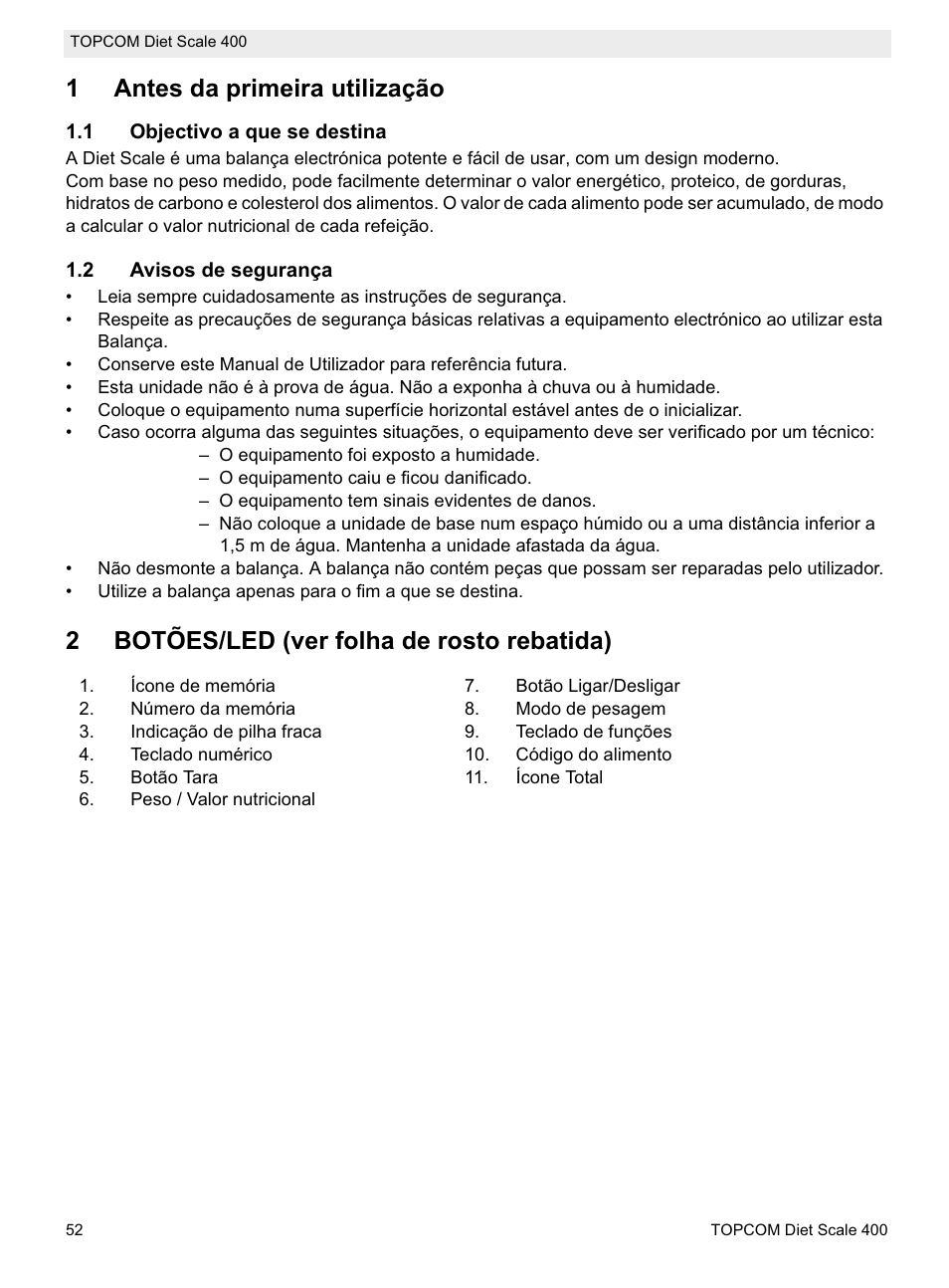 1antes da primeira utilização, 2botões/led (ver folha de rosto rebatida) | Topcom 400 User Manual | Page 52 / 88