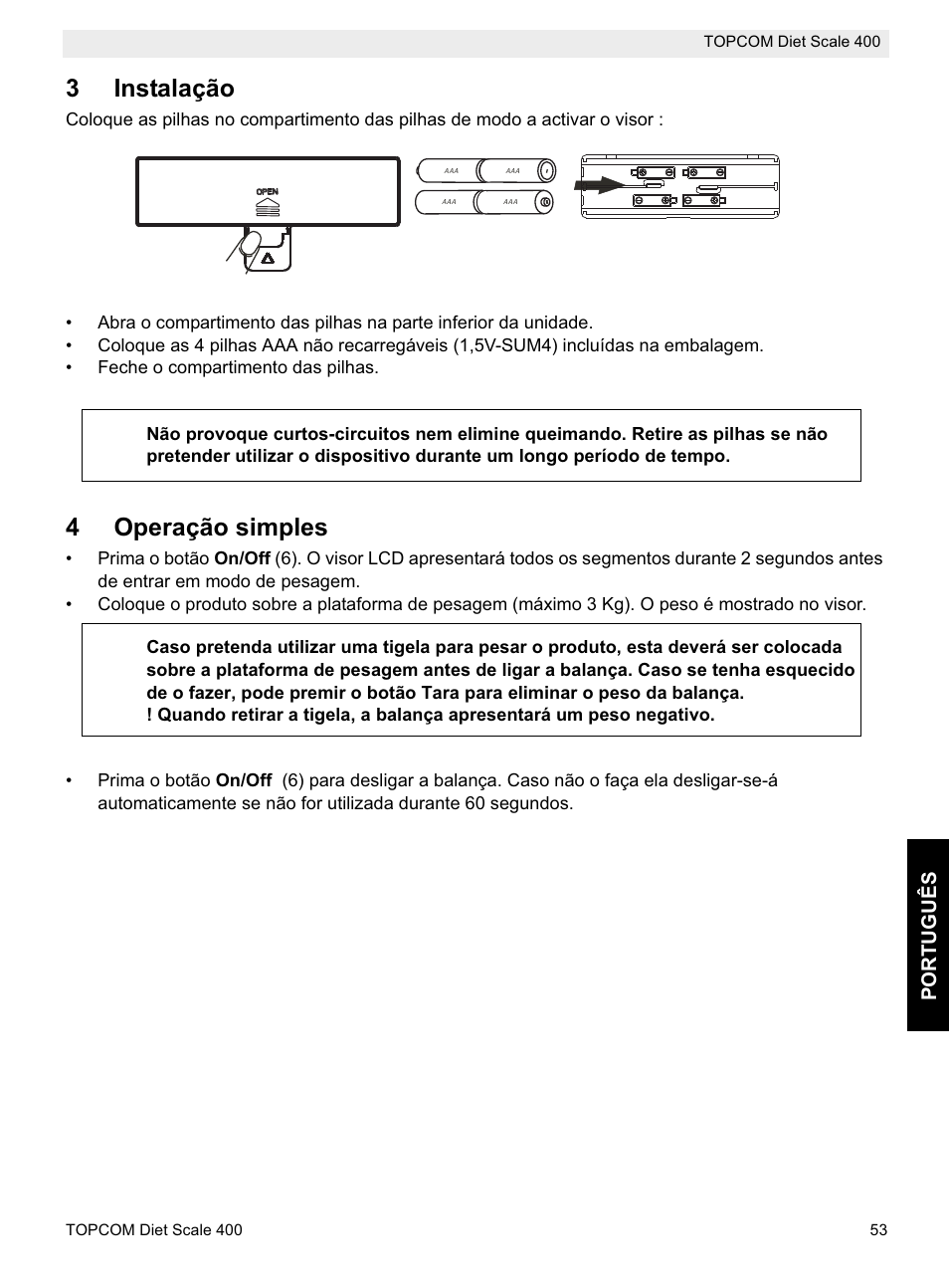 3instalação, 4operação simples | Topcom 400 User Manual | Page 53 / 88