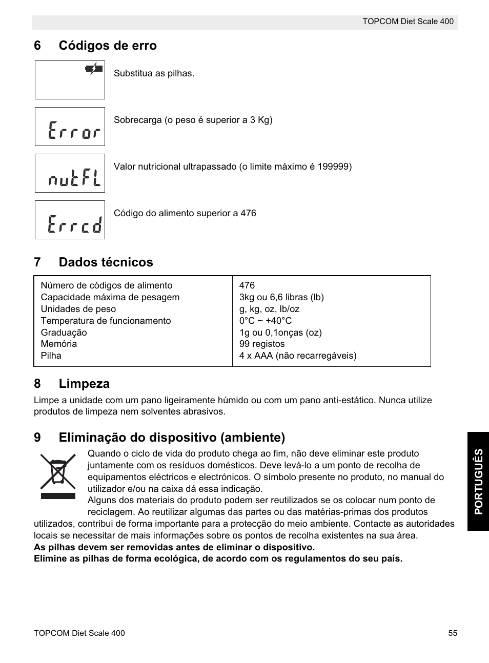 6códigos de erro, 7dados técnicos 8 limpeza, 9eliminação do dispositivo (ambiente) | Topcom 400 User Manual | Page 55 / 88